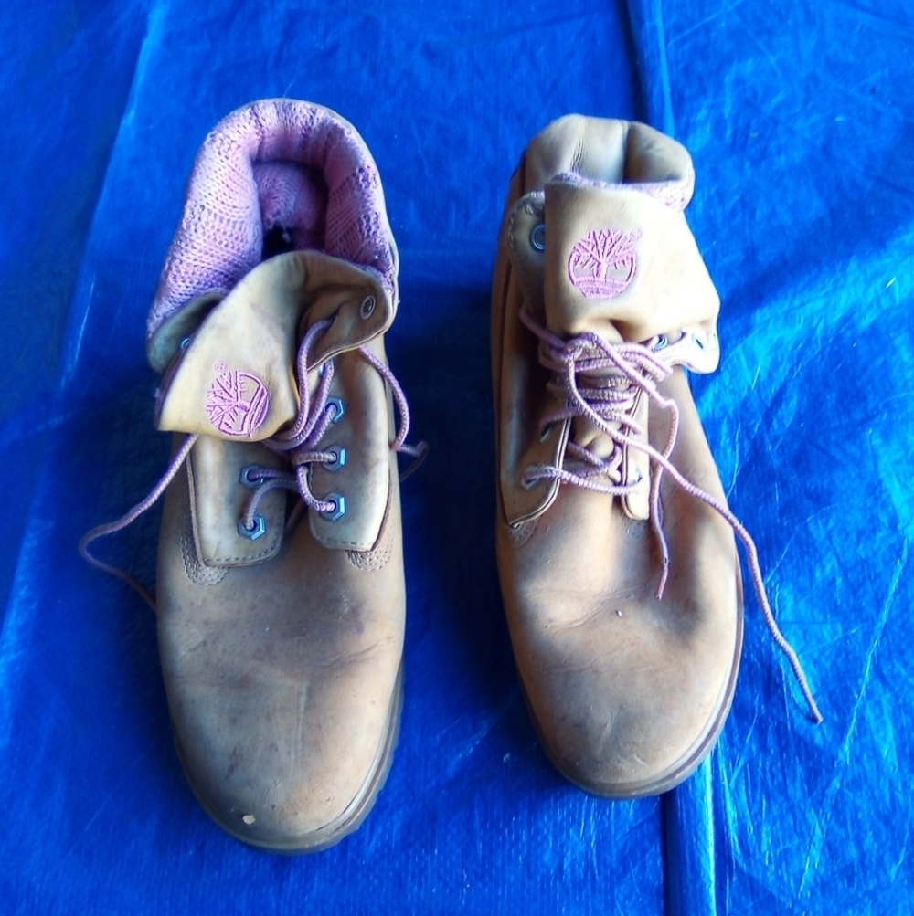 Timberlands Tan Boots with Pink Accents